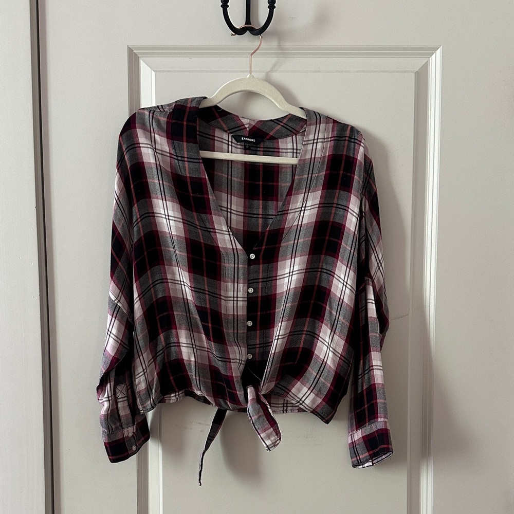 Express Black and Red Plaid Button-Down Flannel
